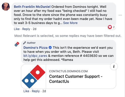 Dominos Pizza reply on social media
